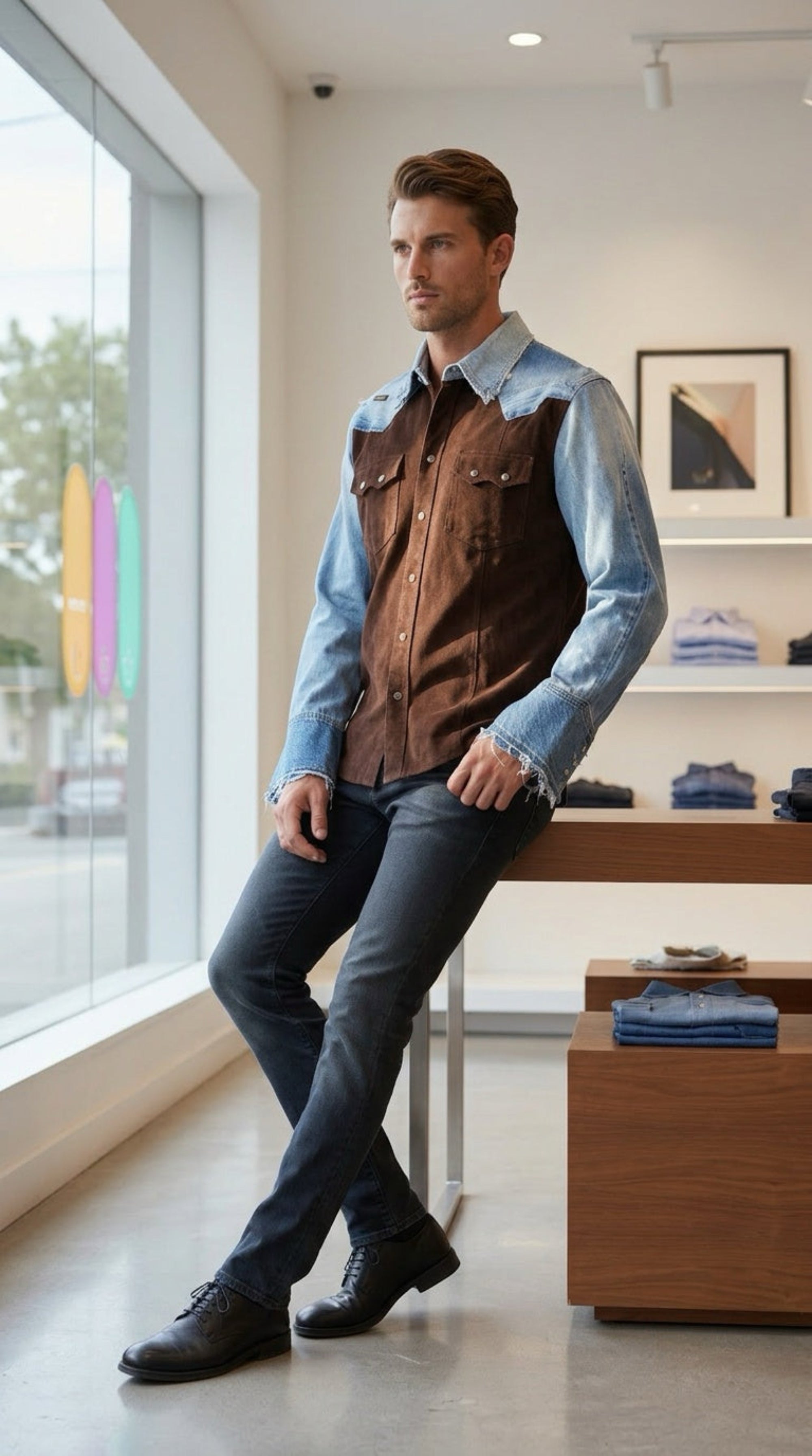 Men Vintage suede and Denim shirt by GabelliDesign