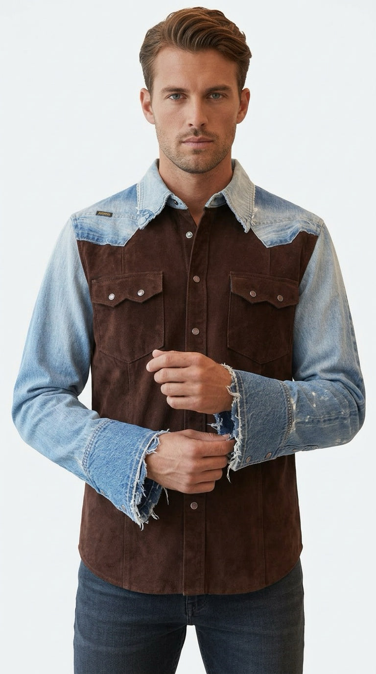 Men Vintage suede and Denim shirt by GabelliDesign